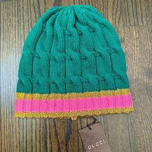 Gucci Cable Knit Beanie, Pink and Green